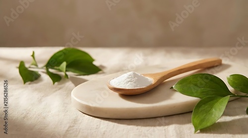 Allantoin powder in a wooden spoon placed on a marble board with green leaves on a linen background, a natural skincare ingredient for cosmetic products