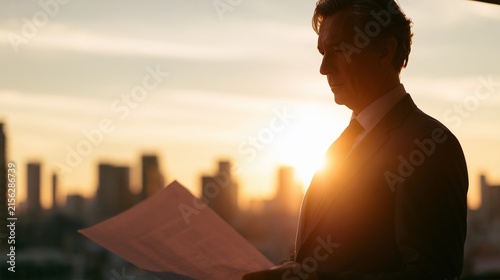 Senior Business Executive Reviewing Financial Report in Modern Office at Sunset