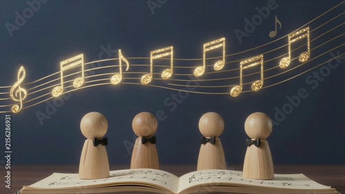 Wooden musicians sing with glowing notes above an open music book.