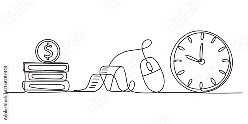 Continuous single line drawing of money books receipt computer mouse and wall clock for time management