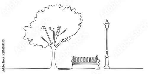 Continuous single line drawing of a park bench with a tree and a street lamp in a quiet park
