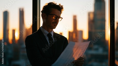 Senior Business Executive Reviewing Financial Report in Modern Office at Sunset