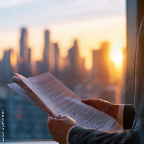 Senior Business Executive Reviewing Financial Report in Modern Office at Sunset