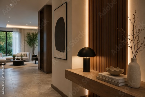 Elegant Modern Home Entryway with Warm Lighting, Wood Paneling and Minimalist Decor