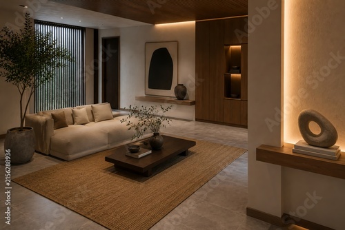 Warm Minimalist Modern Living Room with Neutral Sofa, Natural Wood and Ambient Lighting