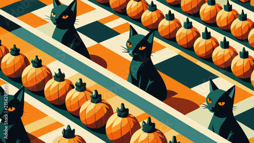 Seamless halloween pattern with black cats and pumpkins isometric design halloween seamless background isometric decoration wallpaper illustration repeating creative wrapping celebration