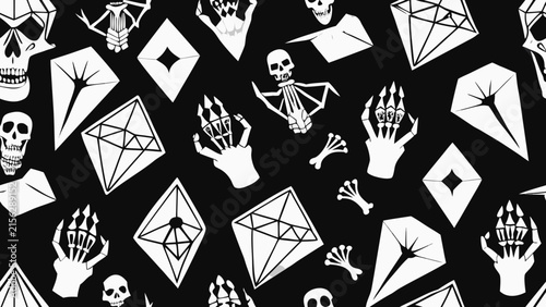 Abstract geometric seamless background featuring skulls and diamonds geometric seamless background abstract halloween repeating illustration minimalist wallpaper monochrome creative