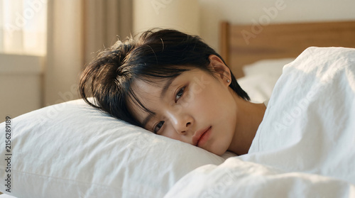 침대에 누워 피곤한 표정을 짓는 젊은 여성 · Tired Young Woman Lying in Bed on White Pillow