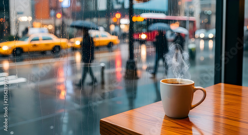 Rainy city view with coffee cozy cafe scene