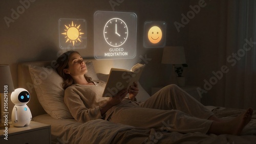 Woman relaxes in bed, reading as holograms project meditation and time.