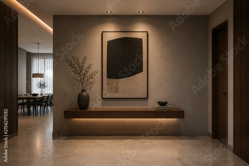 Elegant Modern Home Hallway with Floating Console, Abstract Wall Art and Warm Ambient Lighting