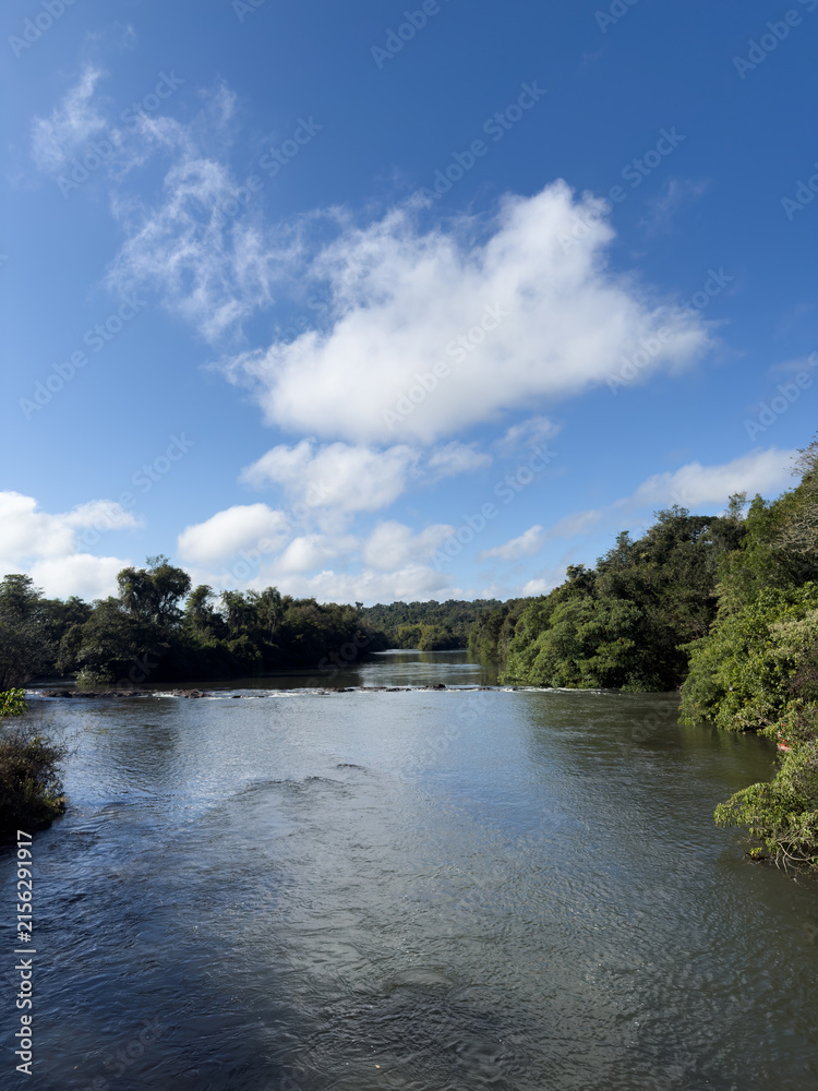Fototapeta premium Calm Iguazu River Bend with Forested Banks and Distant Rapids