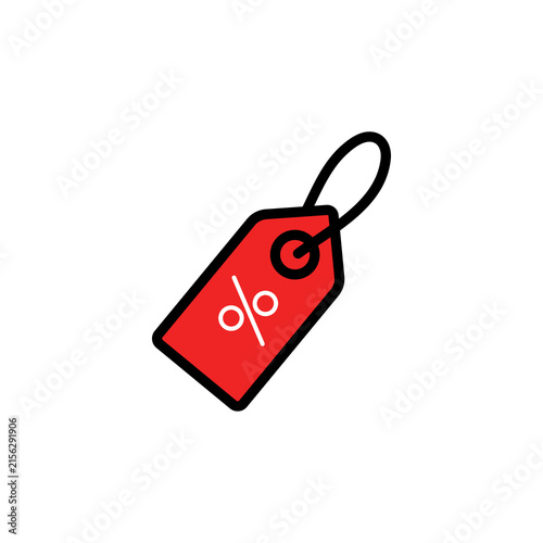 Price tag icon with a white percent symbol on a hanging label, representing discounts, sales, promotions, shopping and retail marketing for ecommerce, advertising and seasonal clearance