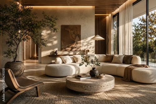 Luxury Organic Modern Living Room with Curved Sofa, Natural Materials and Warm Sunlight