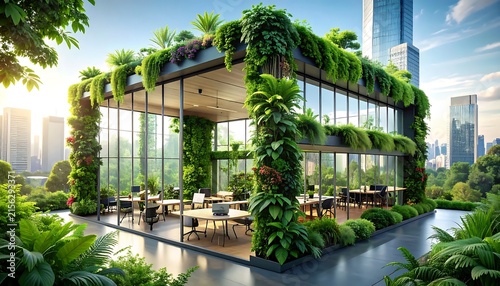 Modern glass house surrounded by tropical greenery and pool.