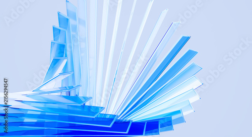 Obraz na płótnie 3D Render of Abstract Blue Glass Panels Fanning Out in Spiral Formation Modern Geometric Architecture Design Element background