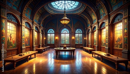 Grand cathedral interior with stained glass windows and wooden pews.