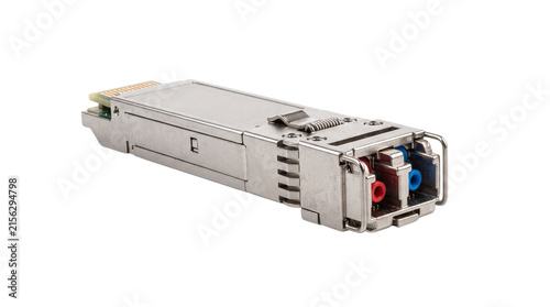 SFP optical transceiver module for fiber optic networking. High speed ethernet data transmission hardware. Metal network connector.