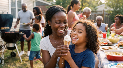 Mother and child are enjoying ice cream at a festive Labor Day backyard barbecue for social media content