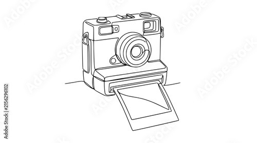 Instant Camera with Photo Emerging, Single Line Art, Isolated