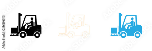 Set of three forklift icons with driver silhouette in solid and outline styles for industrial logistics design
