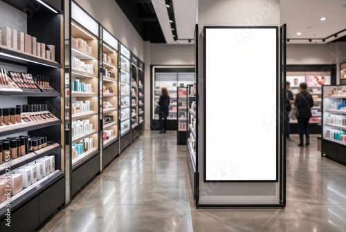 Blank vertical billboard mockup in a modern cosmetics retail store aisle.