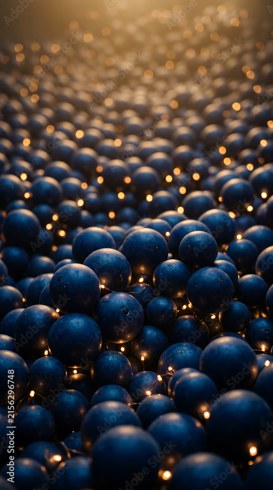 Obraz premium Abstract background featuring many dark blue spheres with glowing warm fairy lights in between them