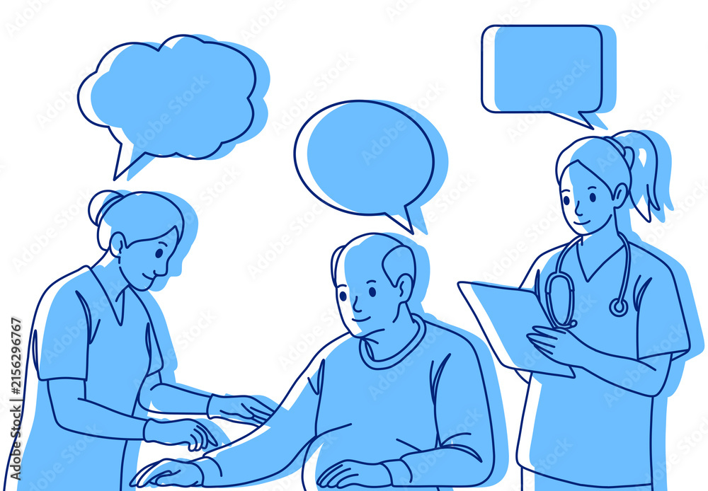 Fototapeta premium A female nurse caring for an elderly male patient, communicating using speech bubbles. A line-sketch illustration with blue silhouettes