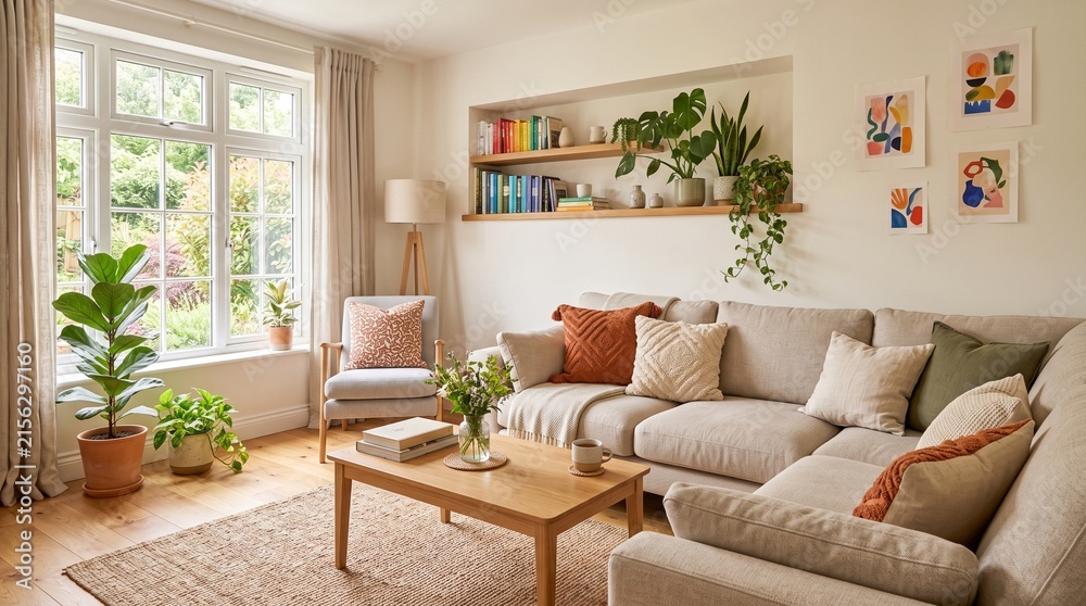 Fototapeta premium Modern living room interior featuring beige sectional sofa, wooden coffee table, jute rug, recessed wall shelves with books and plants, large white window, and vibrant indoor greenery.