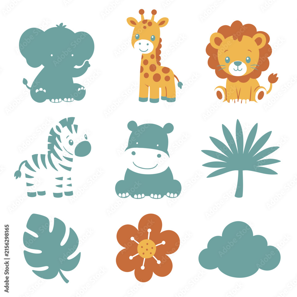 Obraz premium Cute Cute Baby Safari Animals Clipart, 9 Simple Clipart Elements