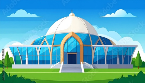 Colorful dome pavilion in lush green park setting.