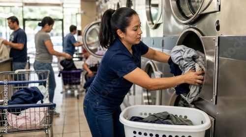 Woman loading laundry into commercial washing machine