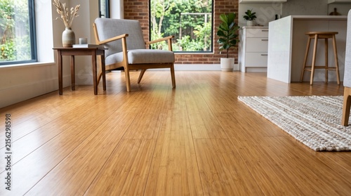 Bamboo flooring with narrow strips. Eco-friendly hardwood floor