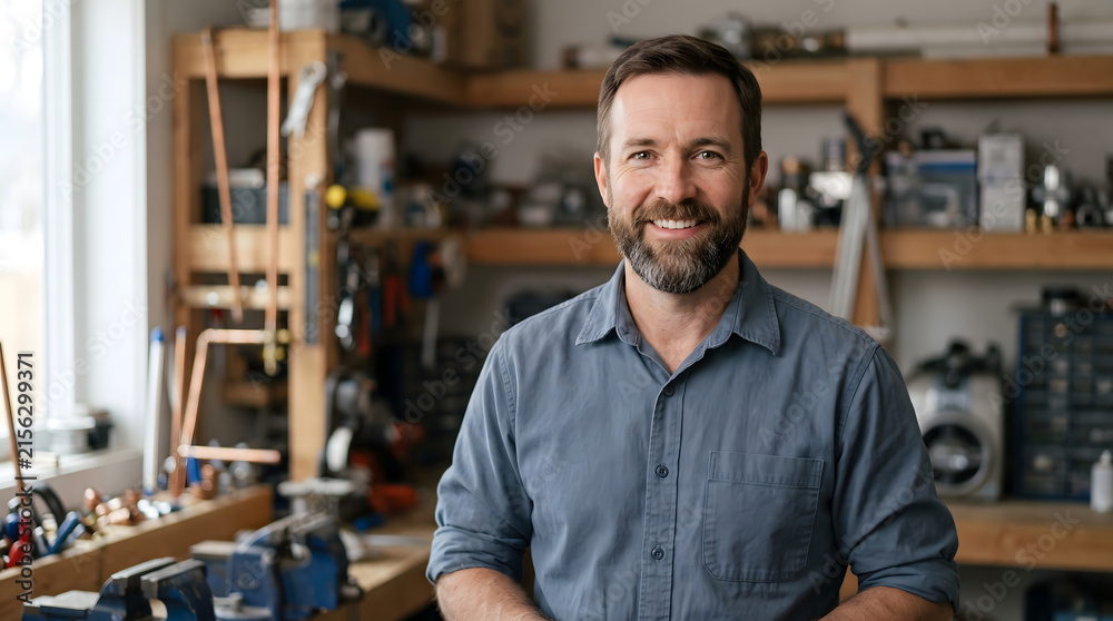 Obraz premium craftsman smiling in workshop with tools and equipment