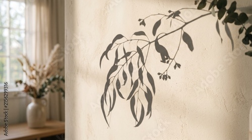 Minimalist eucalyptus branch shadow casting abstract wall art decor in natural light