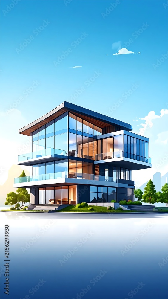 Fototapeta premium Modern two story wooden house with wrap around deck.