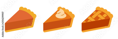 Three delicious slices of autumn pumpkin and fruit pie on white background.