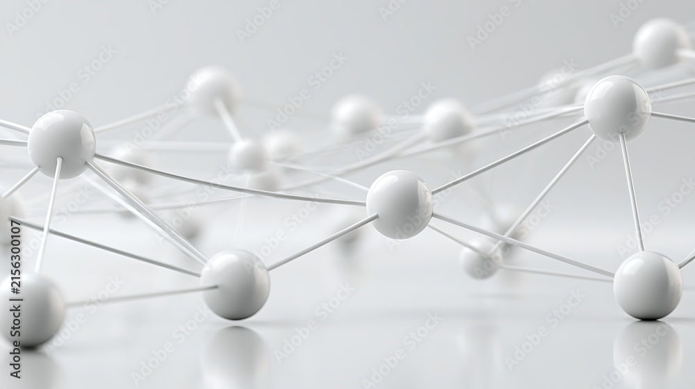 Obraz premium Abstract white global connectivity network, spherical business nodes linked across a minimalist world-inspired structure,