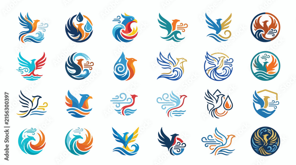 Fototapeta premium Collection of Phoenix and Eagle Logos with Water and Wind