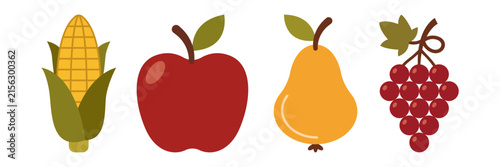 Set of fresh autumn harvest icons featuring corn apple pear and grapes.