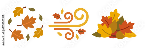 Set of autumn leaves and wind blowing icons.