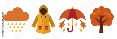 Set of autumn seasonal icons featuring rain cloud raincoat umbrella and tree.