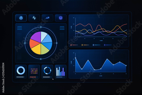 Modern data analytics dashboard displaying colorful charts, graphs and performance metrics on a dark digital interface, representing business intelligence, statistics and data visualization.