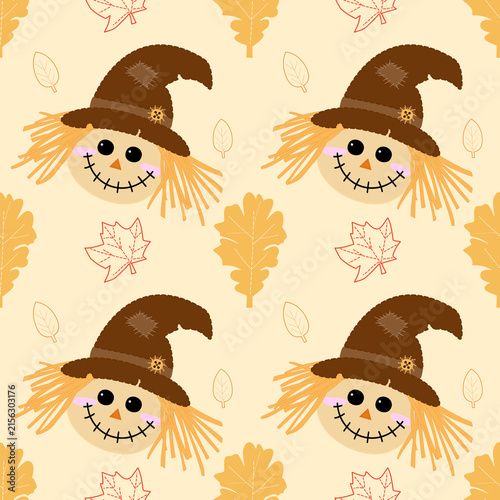A cute scarecrow face and falling leaves in autumn or halloween theme. Autumn foliage patterns. for gift wrapping paper, fabric patterns, digital backgrounds, or decorations for fall and Halloween.