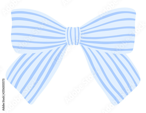 Cute light blue striped ribbon bow vector illustration, isolated on transparent background for card, pattern, gift decorating and craft.