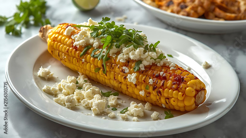 Grilled Corn Cob Topped with Crumbled Cheese and Fresh Cilantro on a White Plate, Close-up Shot