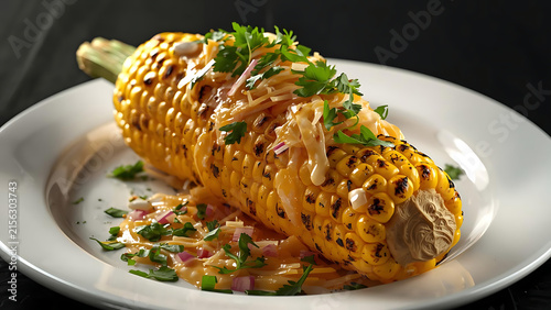 Grilled Corn on the Cob with Butter, Herbs, and Cheese on White Plate - Delicious Summer Food