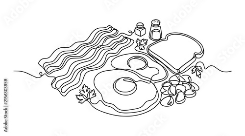 Continuous Line Art Breakfast: Bacon, Eggs, Toast, Beans, and Seasoning