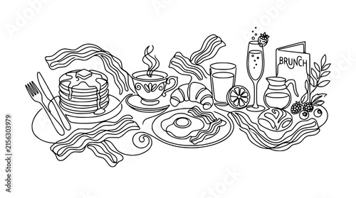 Hand-Drawn Brunch Spread: Pancakes, Bacon, Eggs, Coffee, Juice, Mimosa