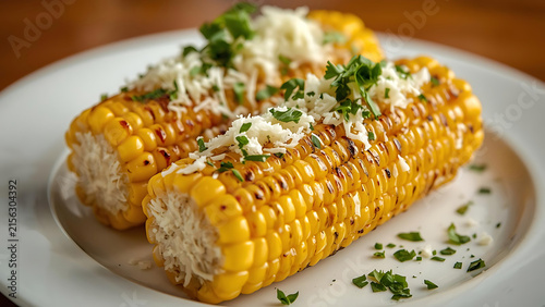 Grilled Corn on the Cob with Grated Cheese and Parsley, Delicious Summer Food Closeup